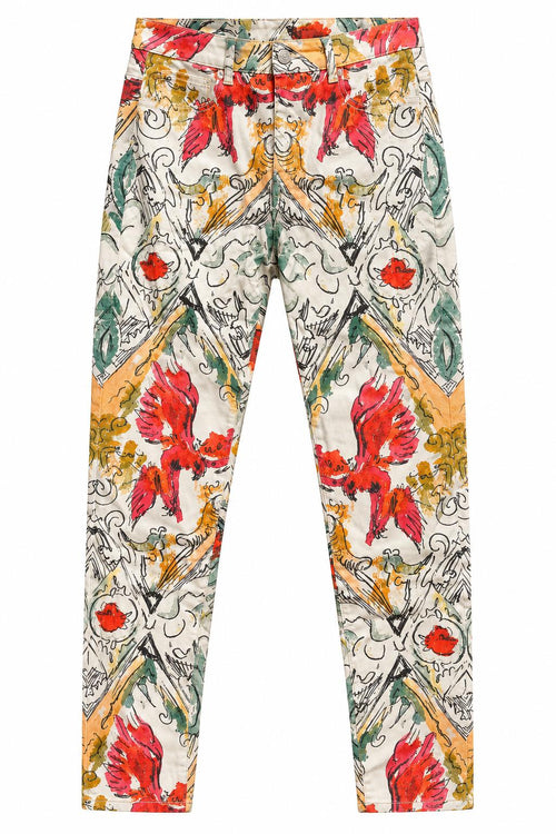 The Phoenix Stretch Jeans, front: off-white stretch jeans with a hand-painted red phoenix print in ochre and green