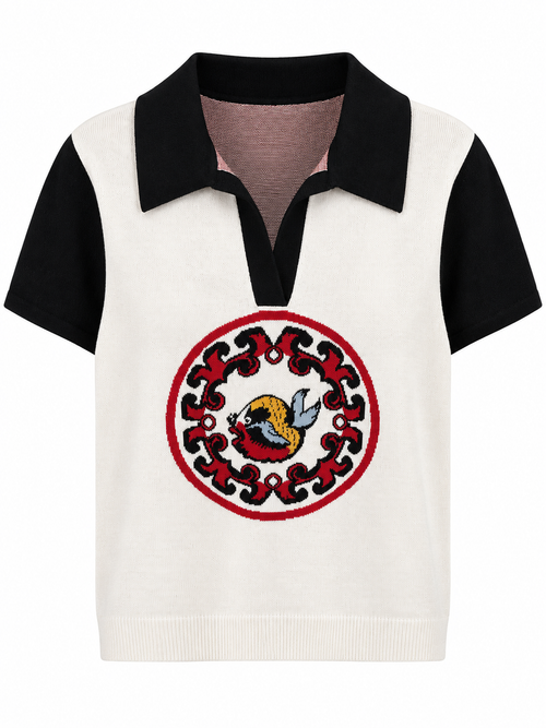 Retro Black-and-Ivory Knit Polo with Crest, shown flat on a white background