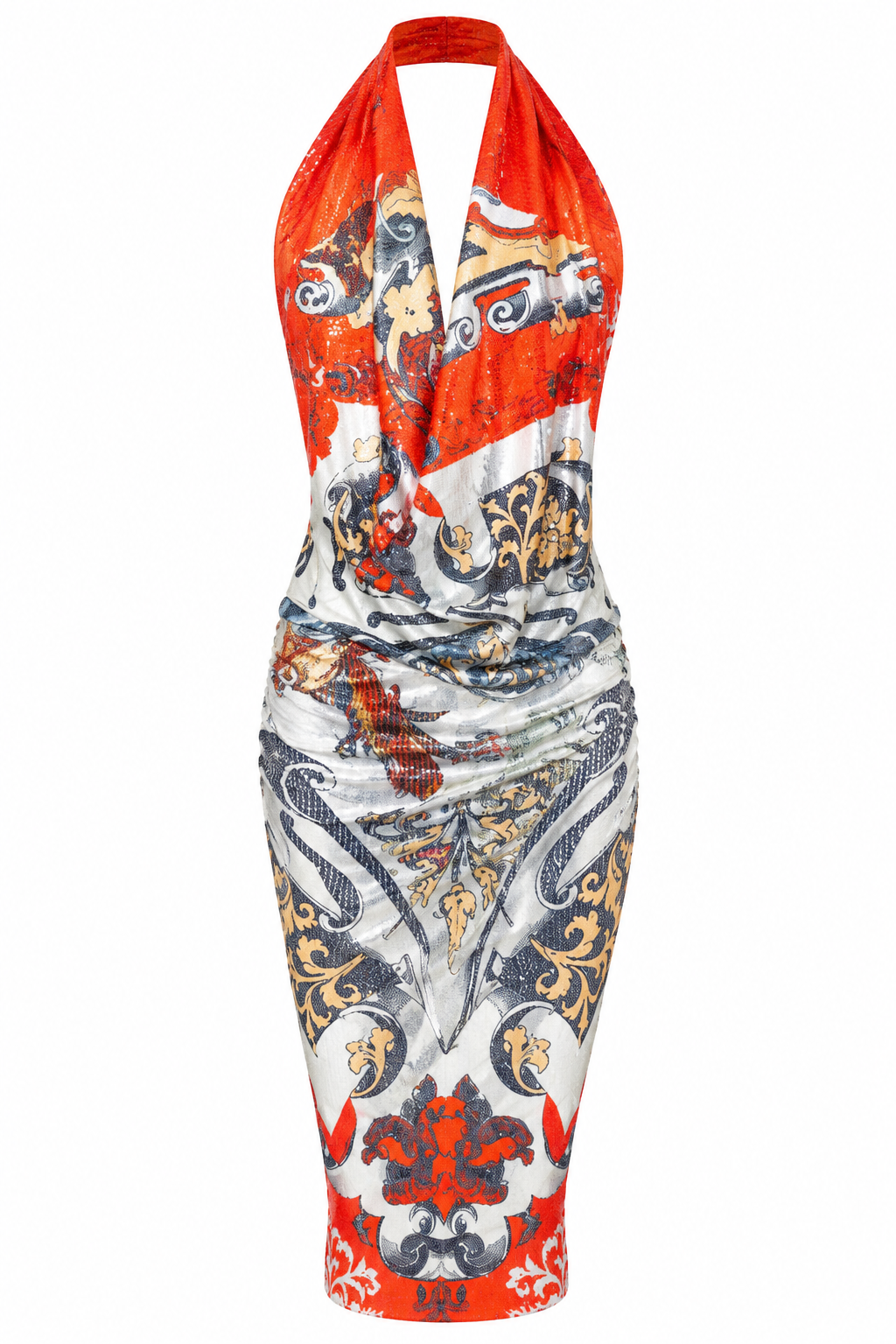 Scarlet Baroque Sequin Halter Dress, shown flat on a white background
