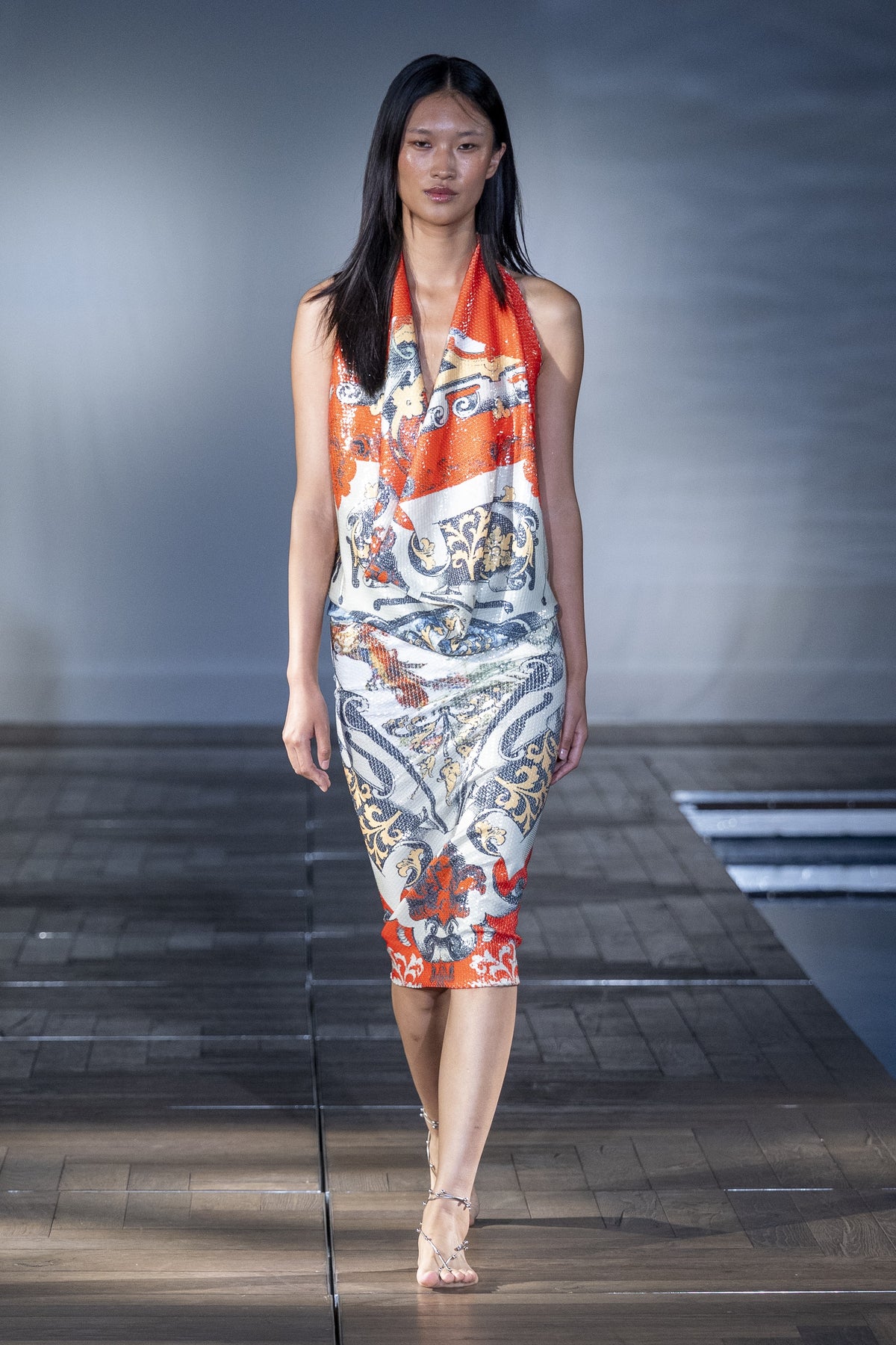 Scarlet Baroque Sequin Halter Dress worn on the runway
