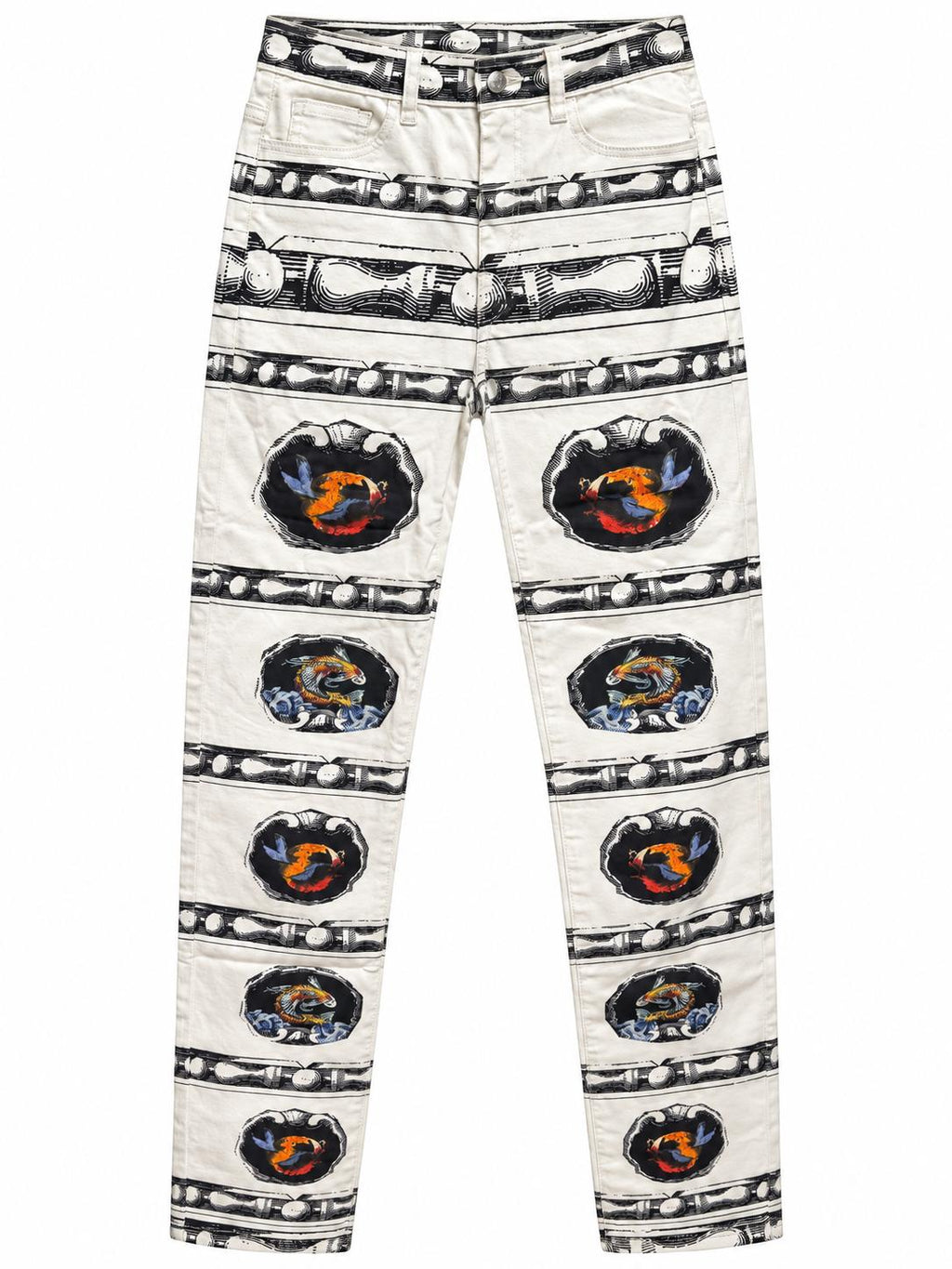 Seaworld Stripe Jeans, front: white stretch jeans with black ornamental stripes and koi medallions down each leg