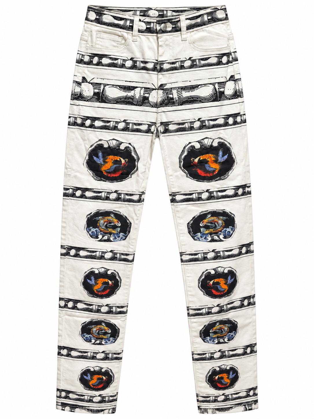 Seaworld Stripe Jeans, front: white stretch jeans with black ornamental stripes and koi medallions down each leg