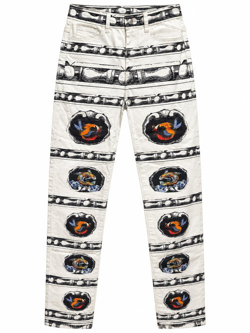 Seaworld Stripe Jeans, front: white stretch jeans with black ornamental stripes and koi medallions down each leg