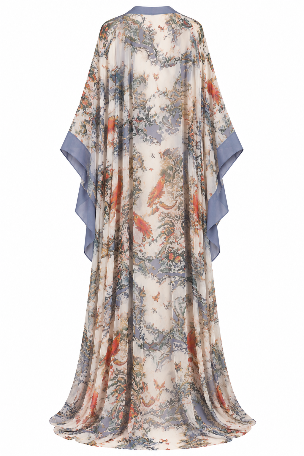 Sheer Blue Toile Floral Kimono Robe, back, shown flat on a white background