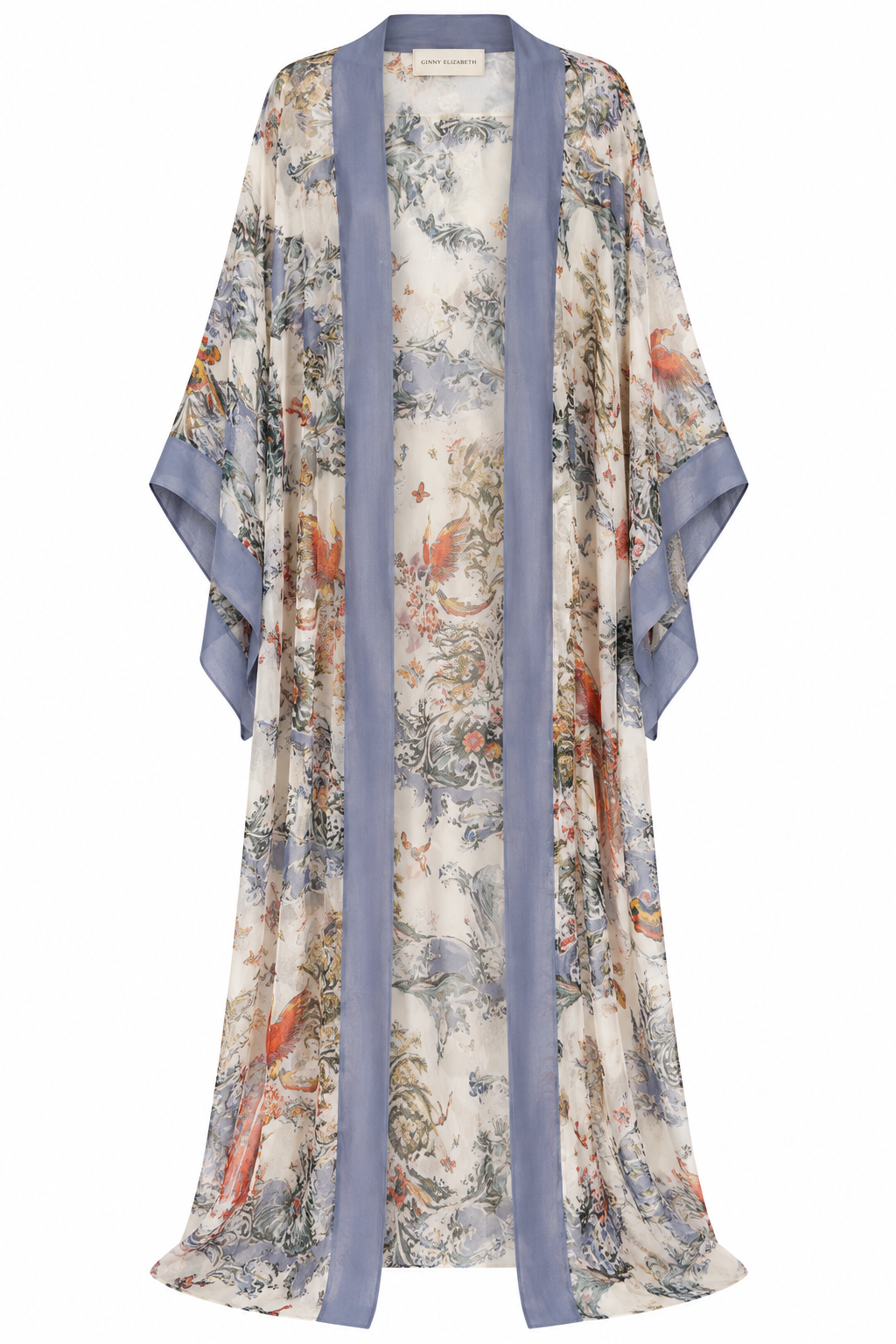 Sheer Blue Toile Floral Kimono Robe, shown flat on a white background