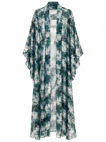 Sheer Teal Marble Kimono Robe, shown flat on a white background