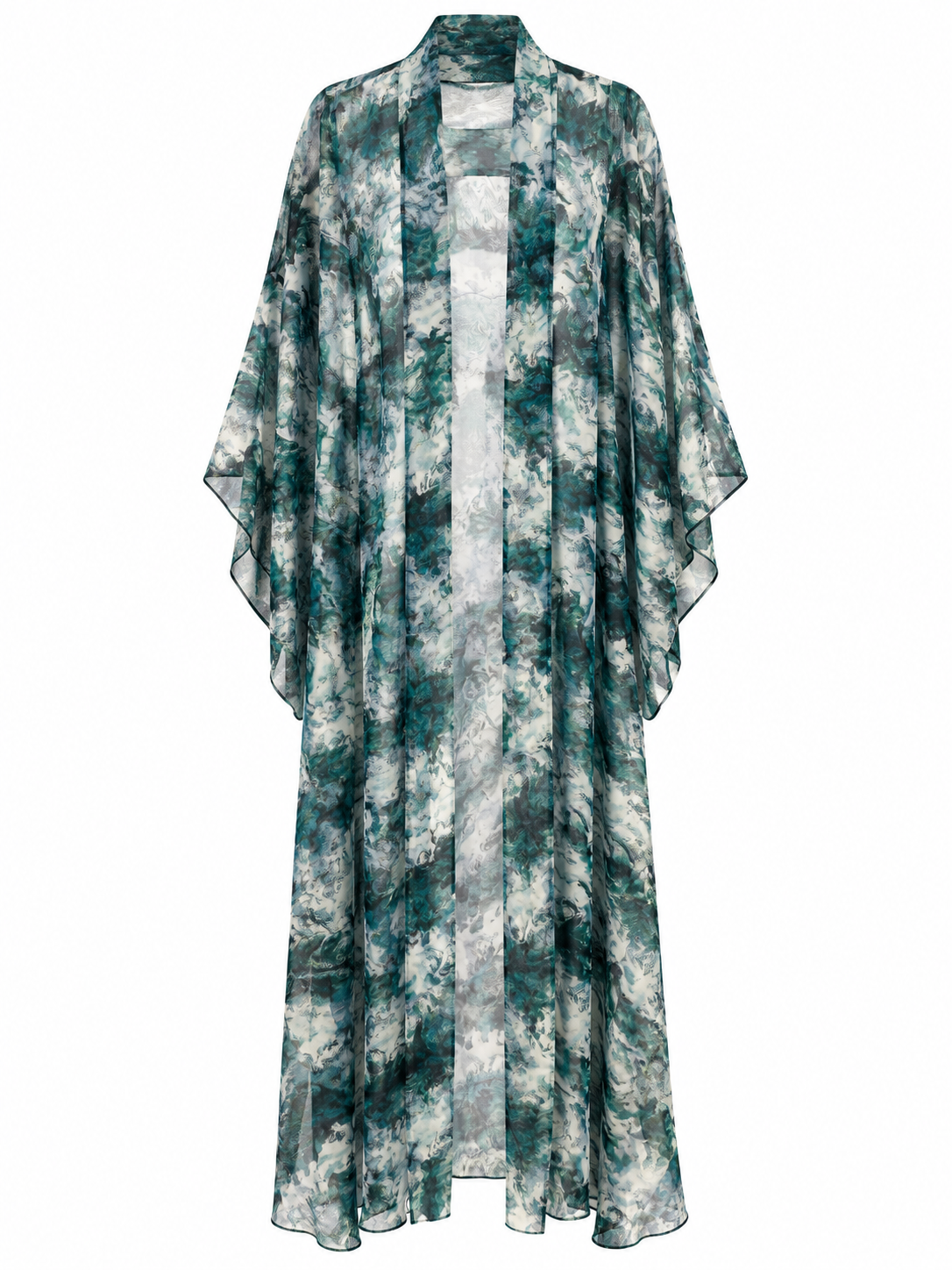 Sheer Teal Marble Kimono Robe, shown flat on a white background