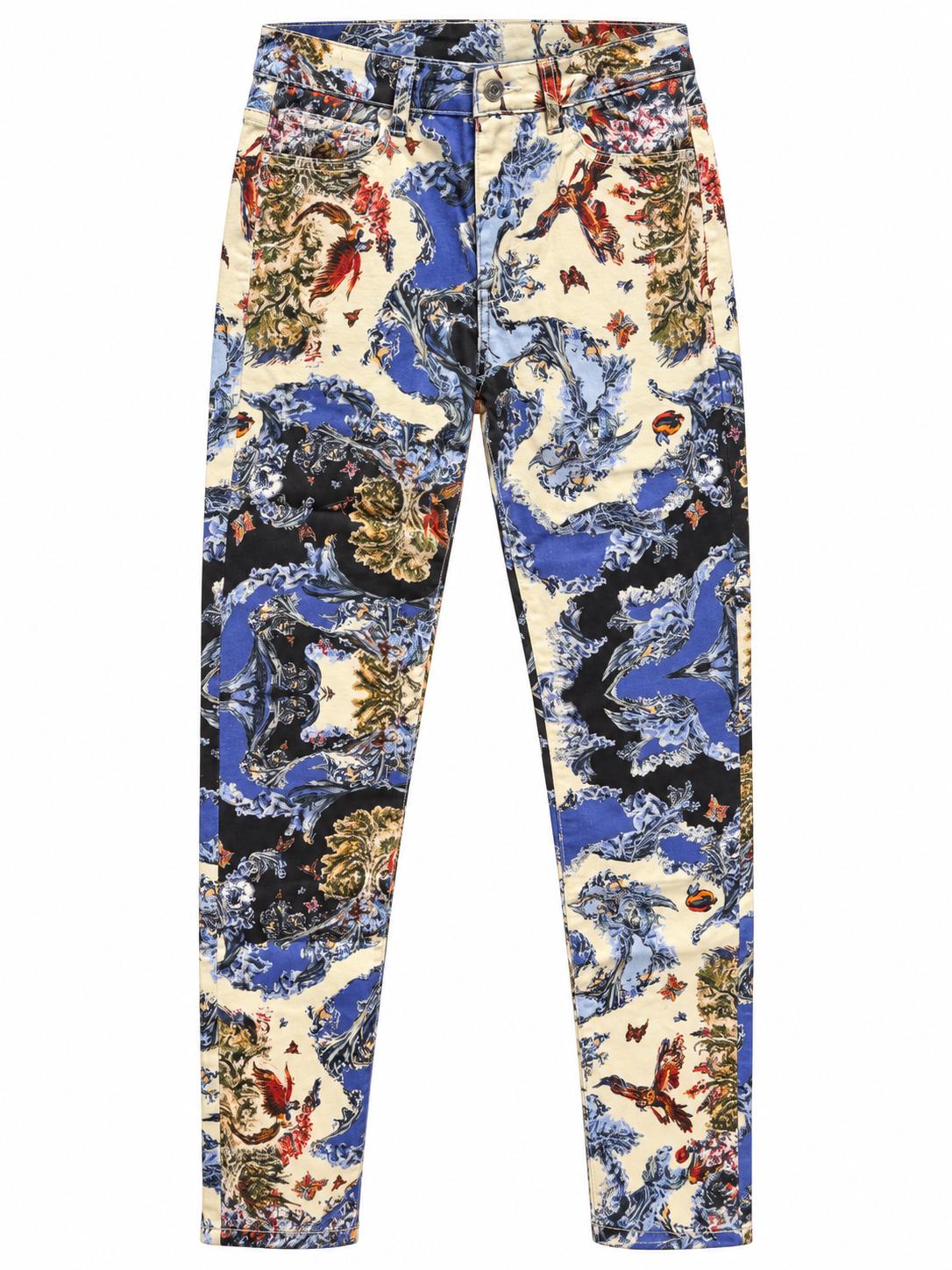 The Silk Wave Stretch Jeans, front: slim stretch jeans in a blue, black and cream wave print with birds and blossoms