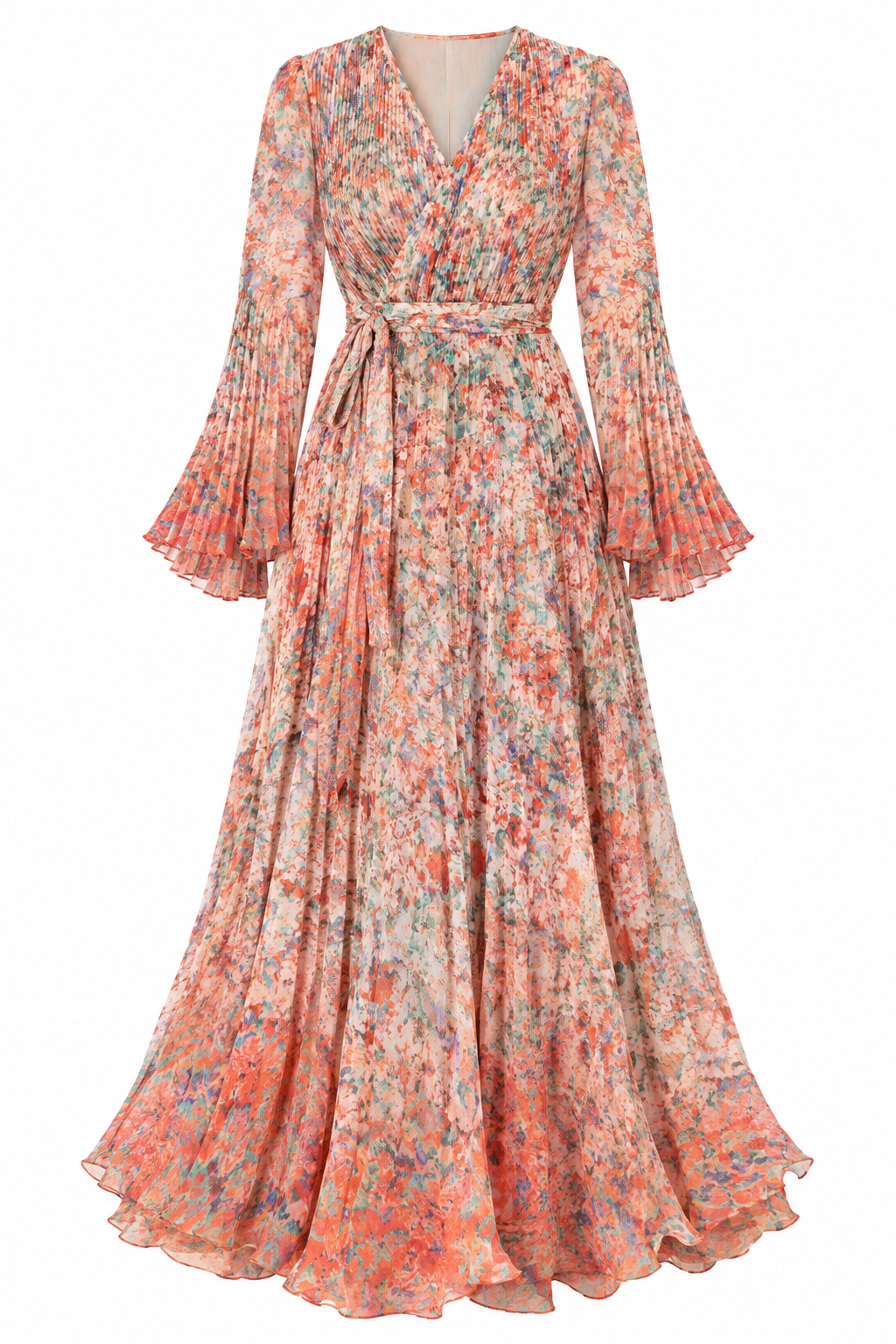 The Coral Pleated Maxi Dress, shown flat on a white background