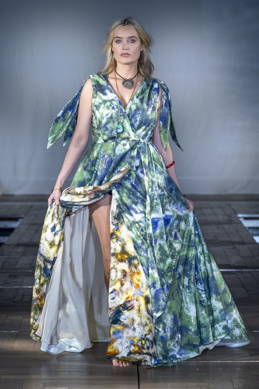 The Embellished Forest Green Evening Gown worn on the runway