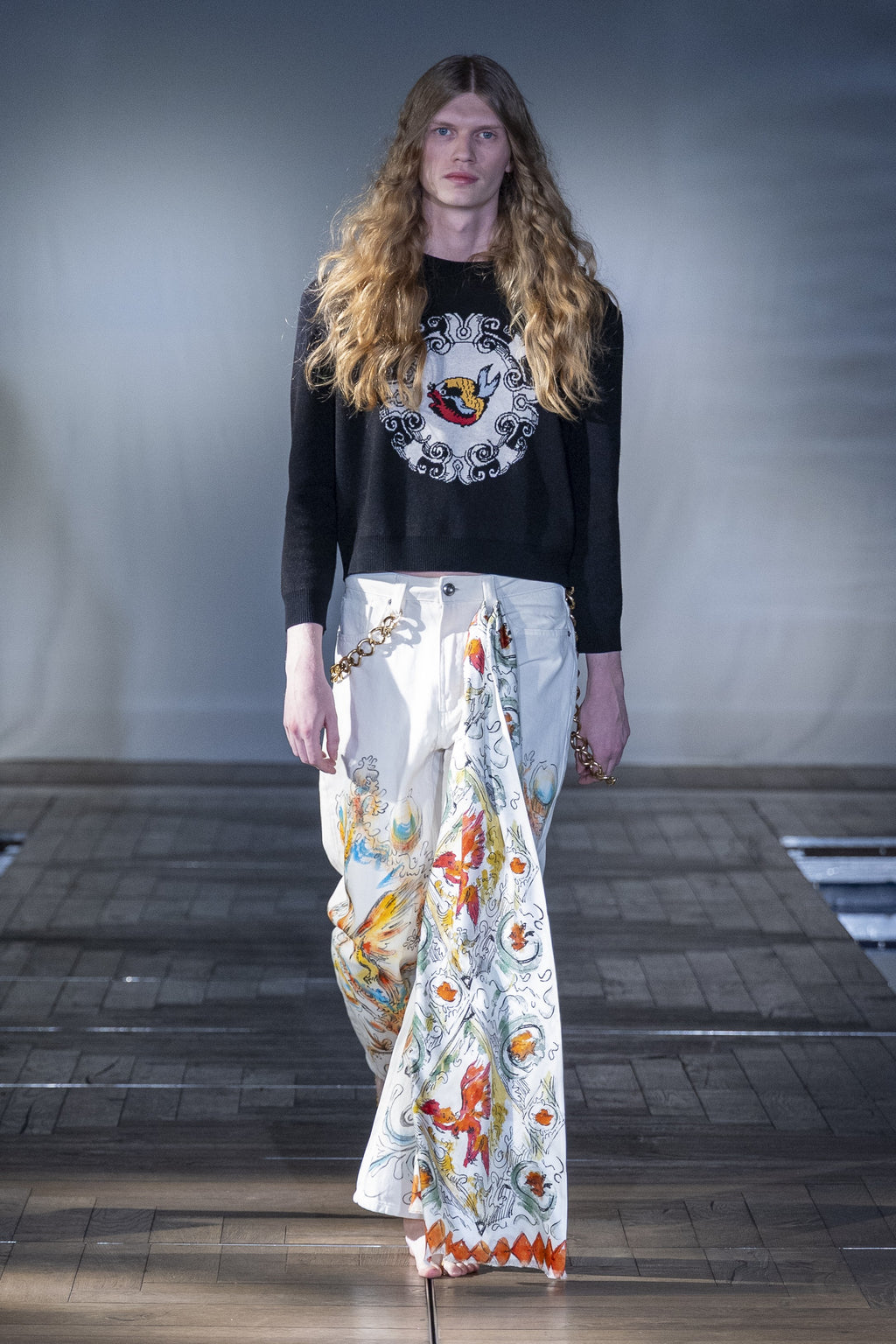 The Knitted Black Bird Jumper worn on the runway