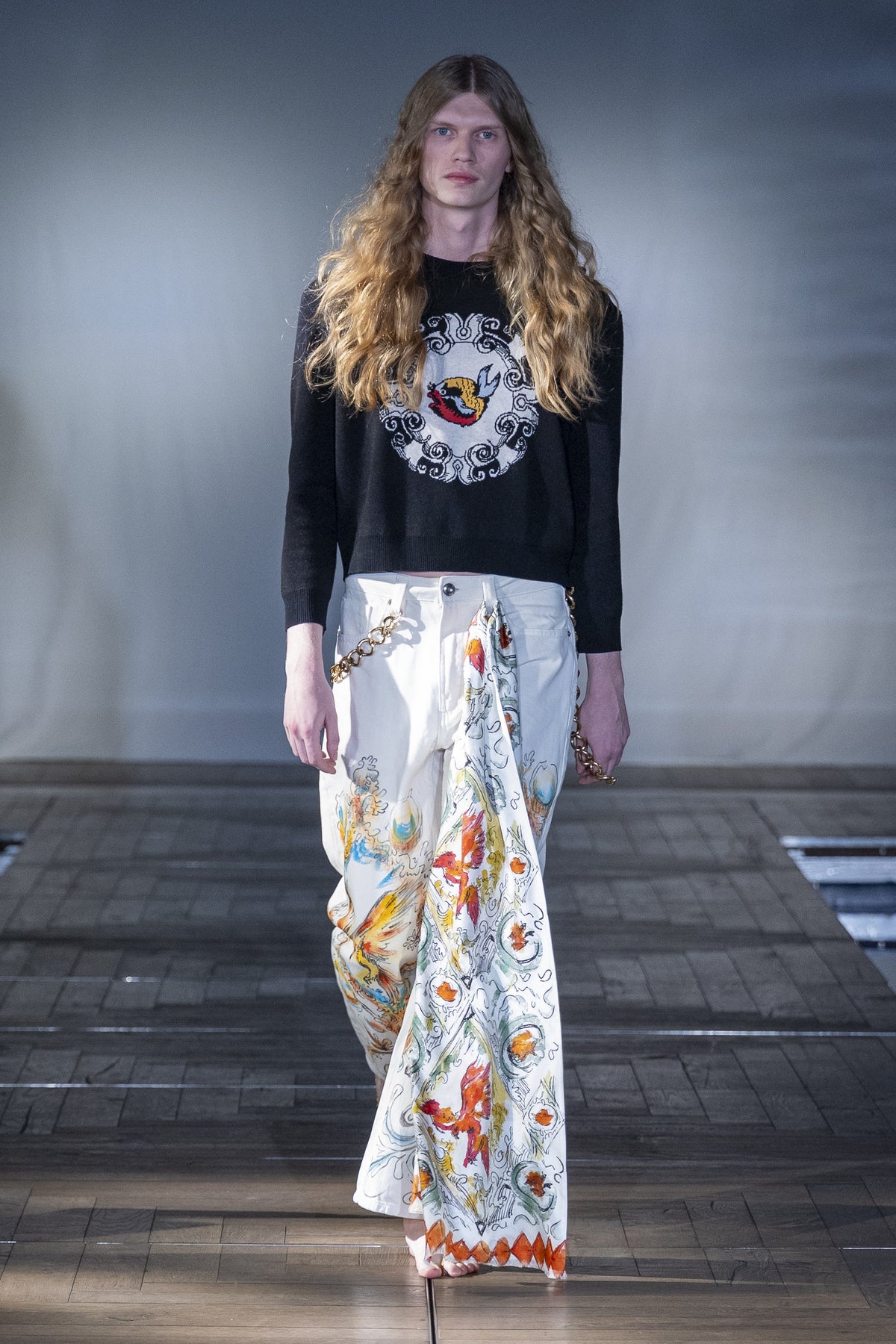 The Knitted Black Bird Jumper worn on the runway