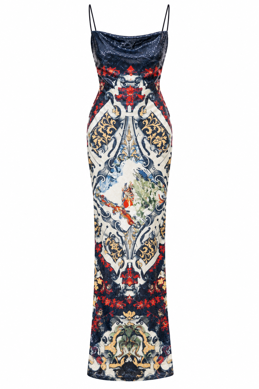 The Midnight Baroque Gown, shown flat on a white background