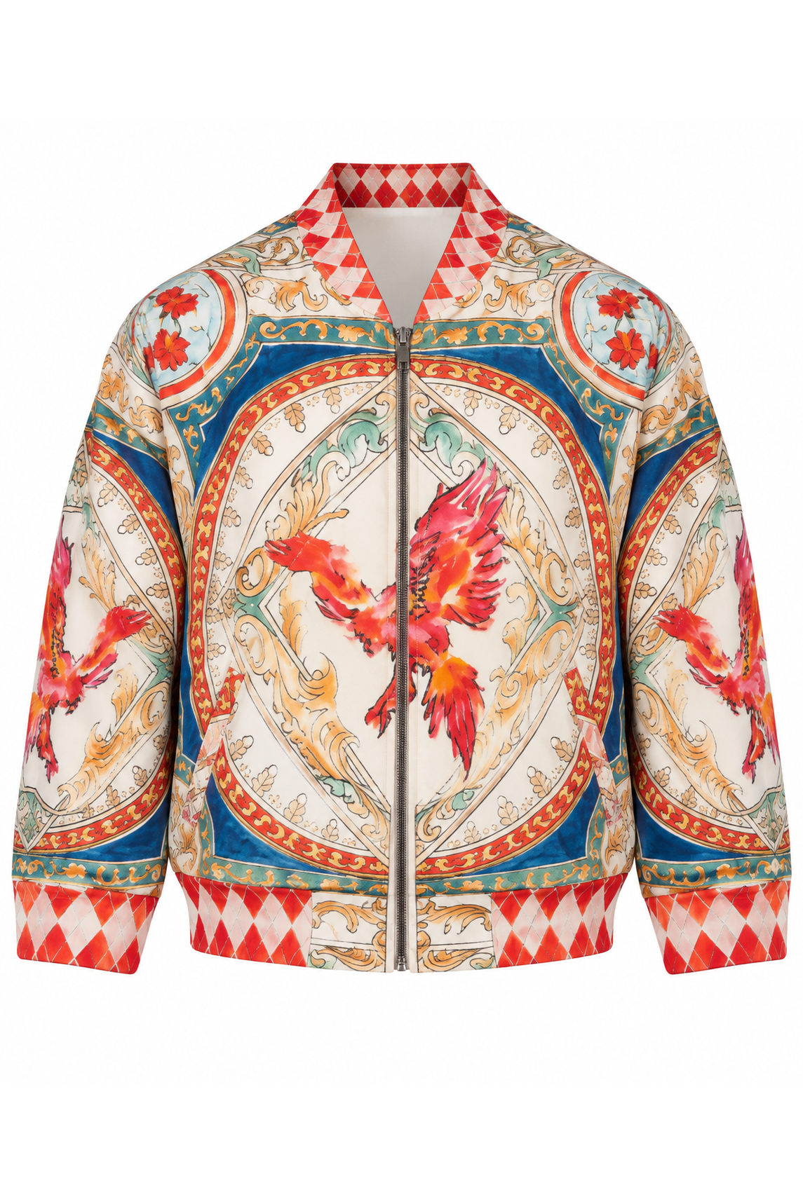 The Phoenix Silk Bomber Jacket, shown flat on a white background