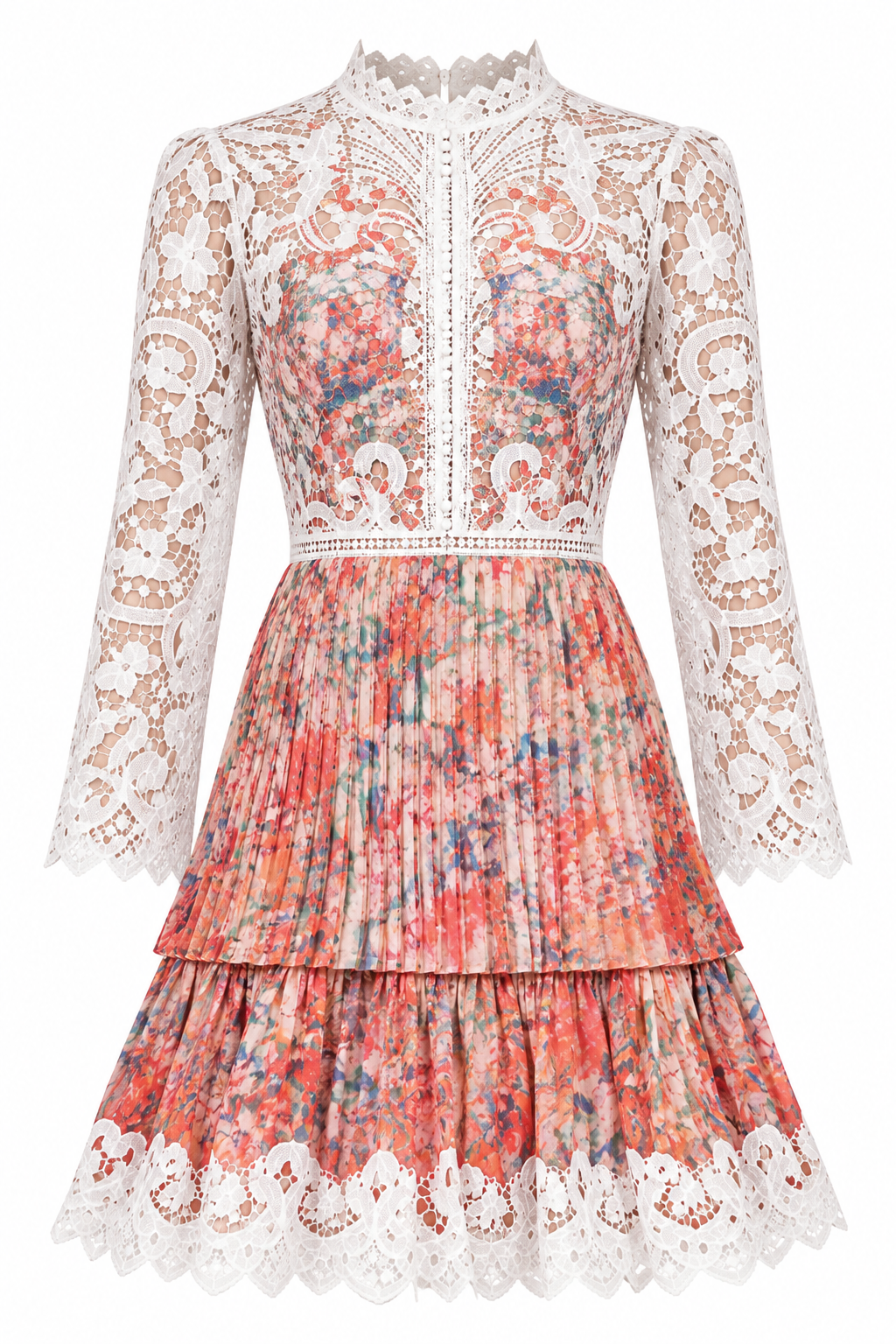 The Pleated Lace Mini Dress, shown flat on a white background