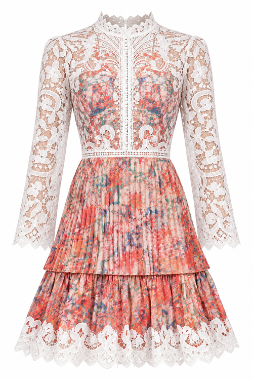 The Pleated Lace Mini Dress, shown flat on a white background