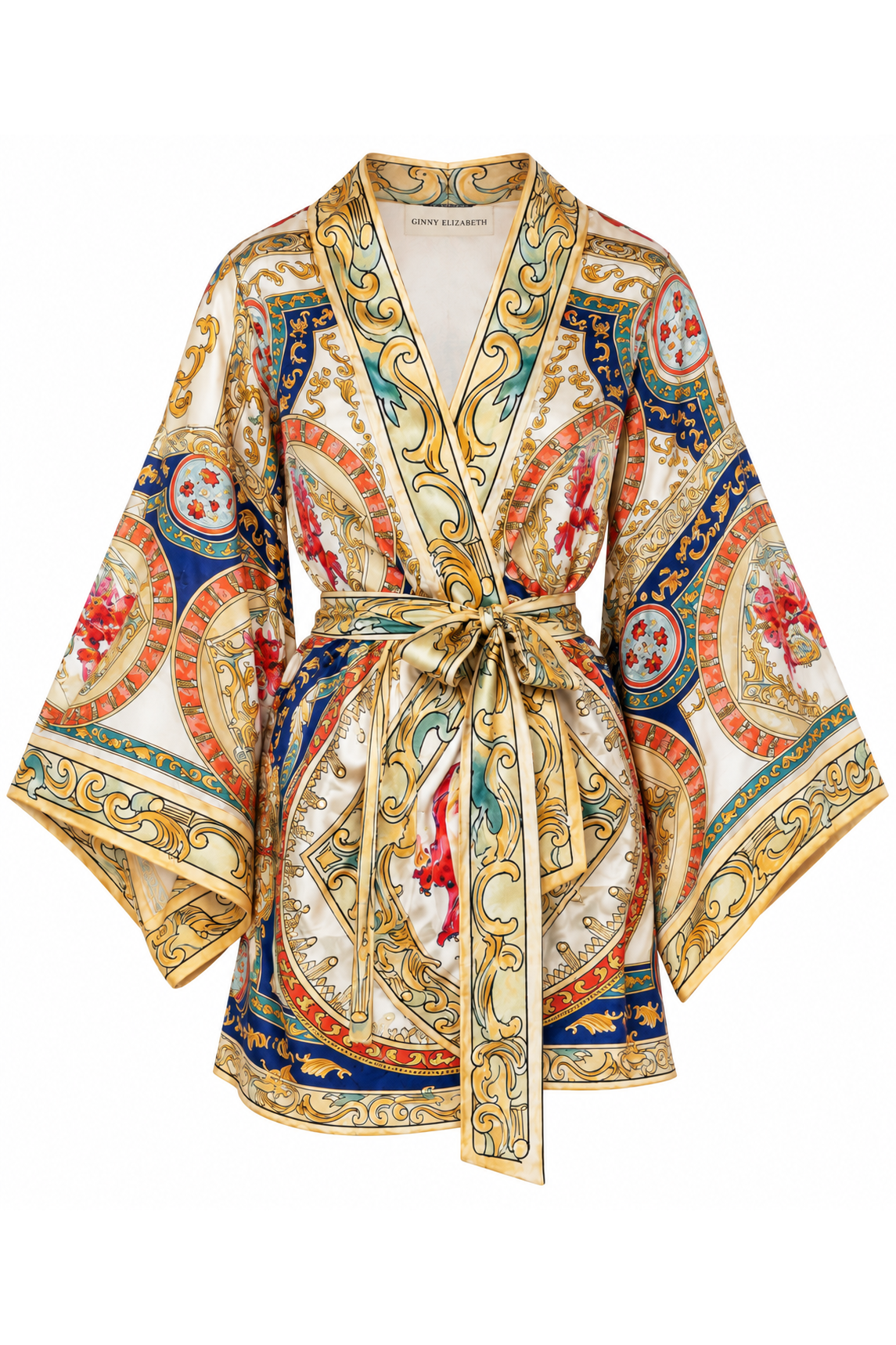 The Riviera Baroque Silk Kimono, shown flat on a white background