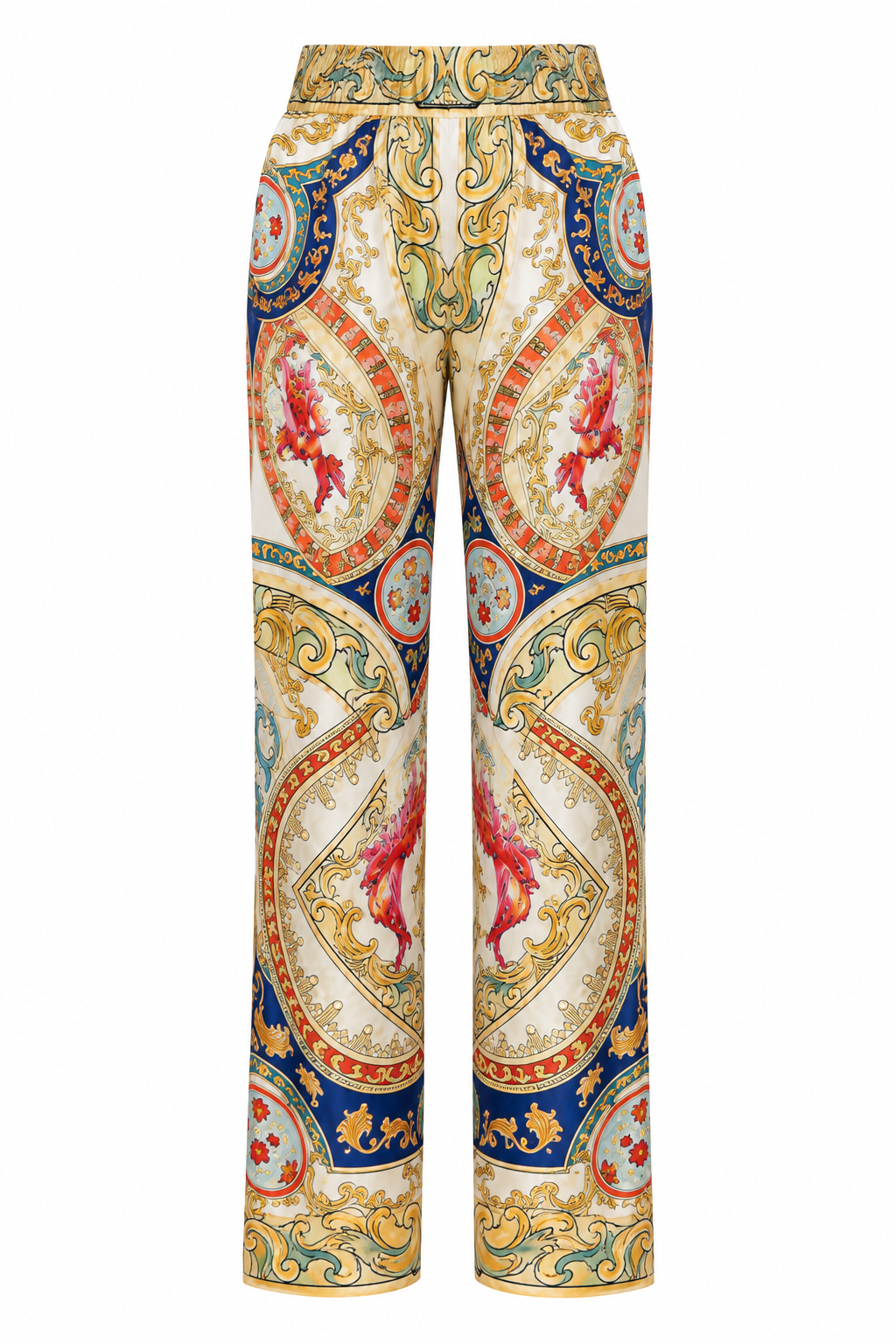 The Riviera Baroque Silk Trousers, shown flat on a white background