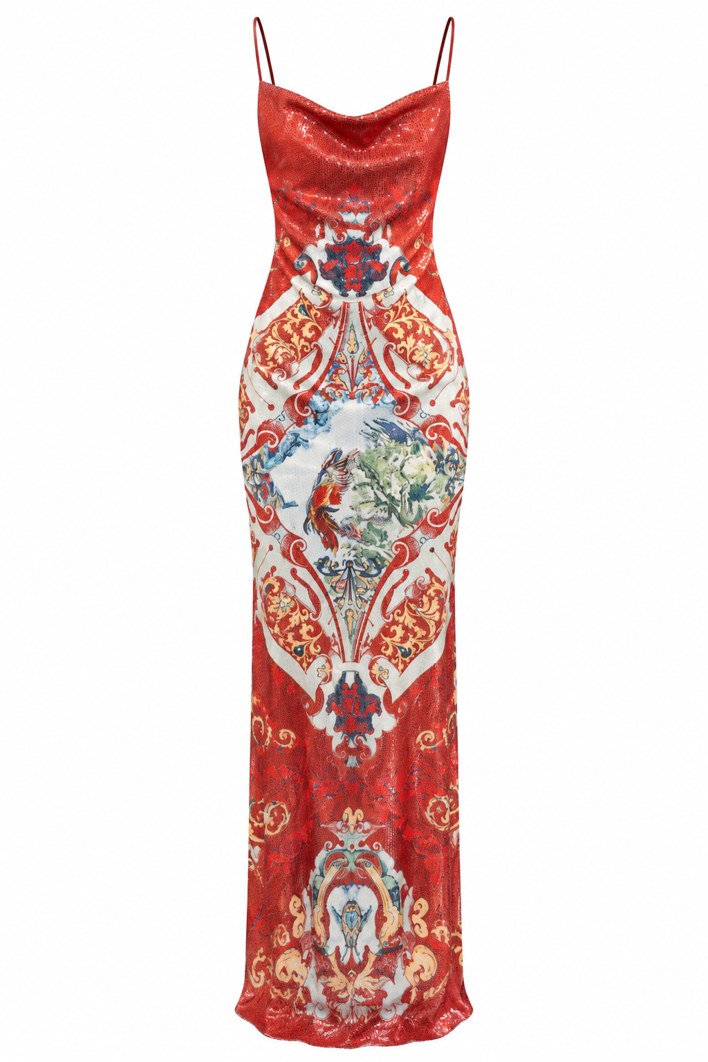 The Scarlet Tapestry Sequin Gown, shown flat on a white background