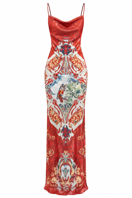 The Scarlet Tapestry Sequin Gown, shown flat on a white background