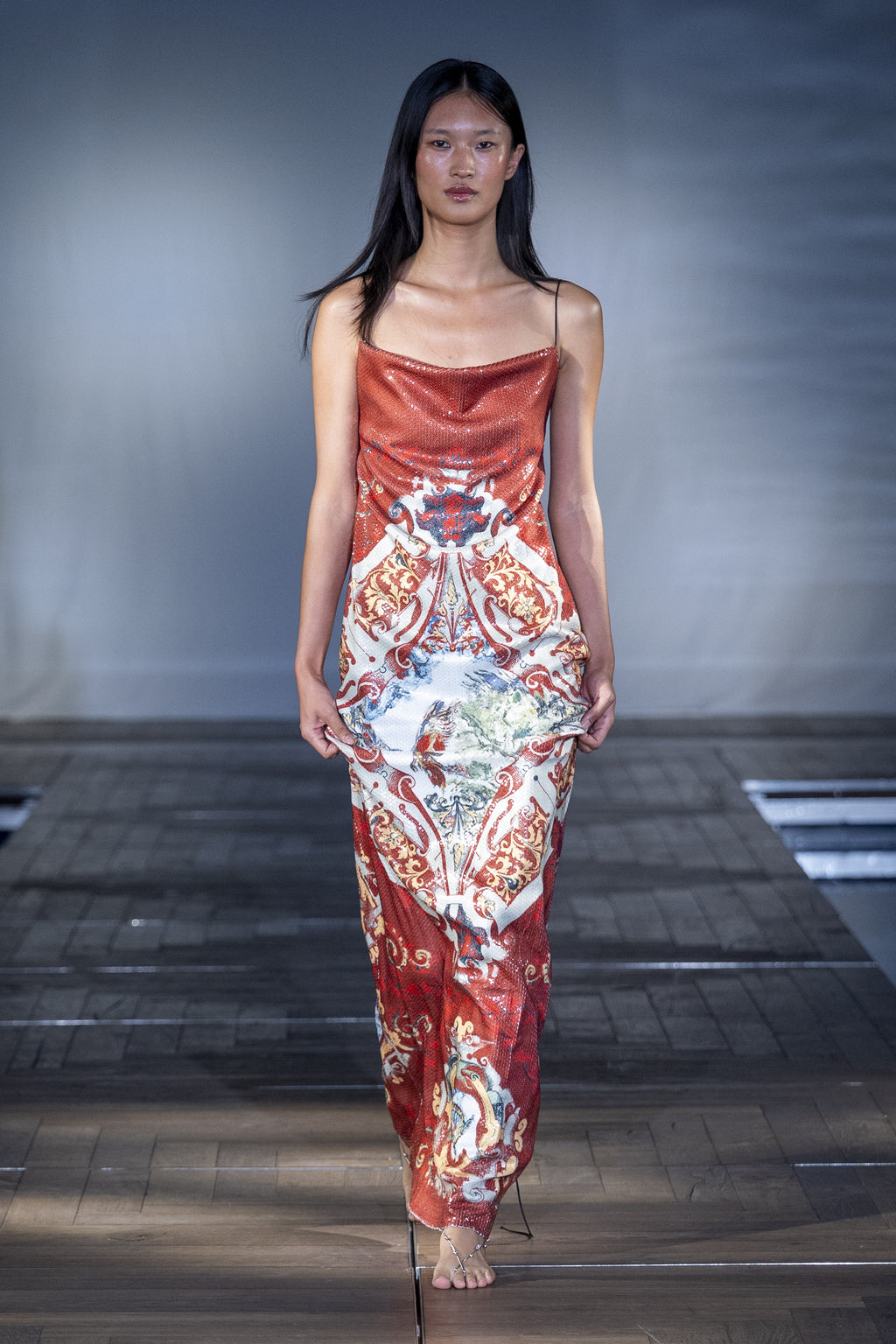 The Scarlet Tapestry Sequin Gown worn on the runway