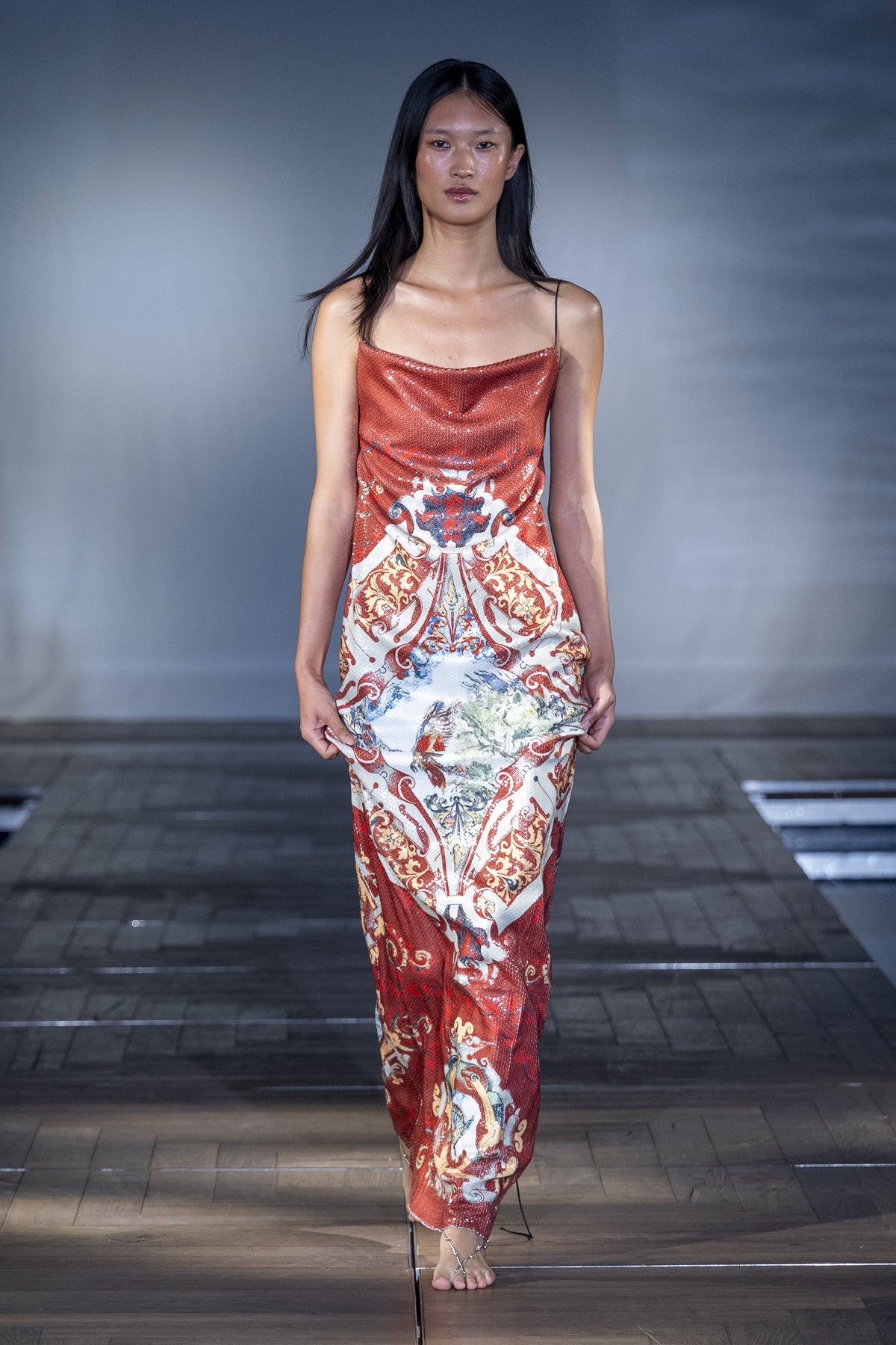 The Scarlet Tapestry Sequin Gown worn on the runway