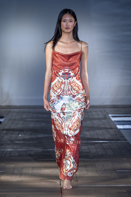 The Scarlet Tapestry Sequin Gown worn on the runway