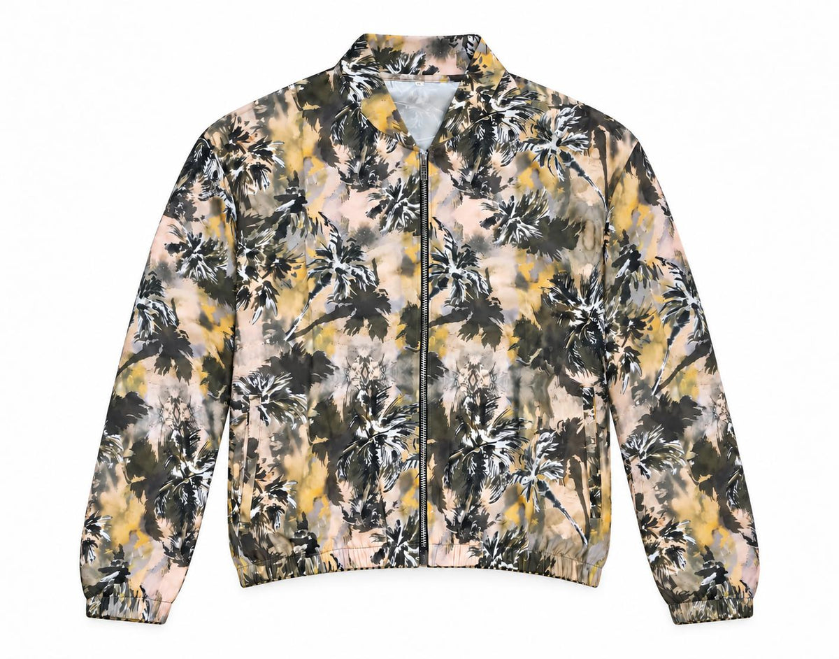The Tropical Palm Bomber, front: palm print bomber jacket in khaki, yellow and pink