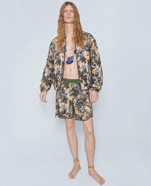 The Tropical Palm Shorts worn with the matching bomber, full length