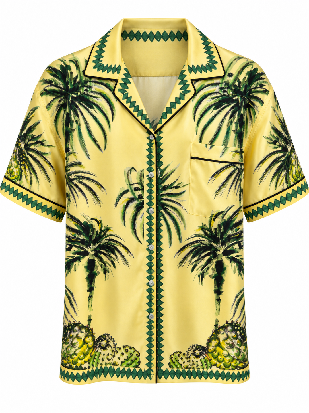 Yellow Palm Print Shirt, front, shown flat on a white background